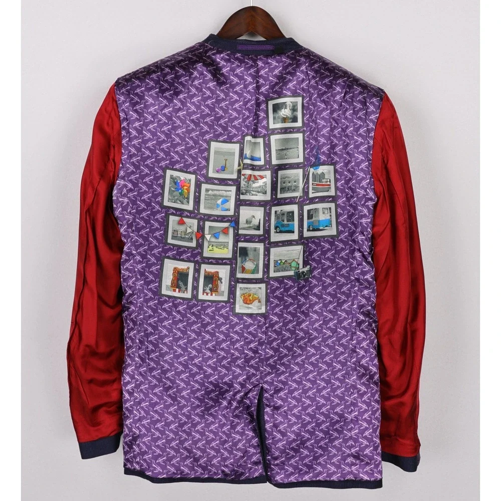 Ted Baker Blazer Sport Coat Size 3 (38) Blue Linen Cotton Purple Lining Popping